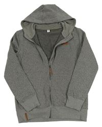 Šedo-černá vzorovaná melírovaná propínací teplá mikina s nášivkou a kapucí YIGGA