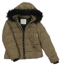 Hnědošedá prošívaná šusťáková zimní bunda s kapucí s kožešinou Page one young