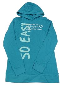 Modrozelená slabá dlouhá mikina s nápisy a srdíčkem a kapucí KIDSWORLD