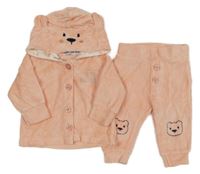 2Set - Broskvová sametová propínací mikina s nápisy a kapucí - medvídek + tepláky Dirkje