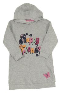 Šedé melírované teplákové šaty s nápisy a motýlkem a kapucí Kids