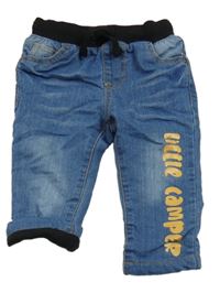 Modré podšité rifle s nápisem a černým úpletovým pasem So Cute