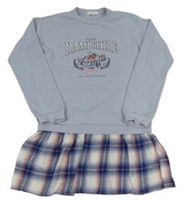 Světlemodrofialovo-kostkované teplákovo/bavlněné šaty s nápisy a horami PRIMARK
