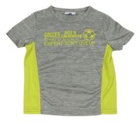 Šedo-limetkové melírované sportovní tričko s nápisy a míčem Topolino