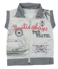 Bílo-tmavomodrá šusťáková slabá vesta s lodí a nápisy a pruhy a límečkem 