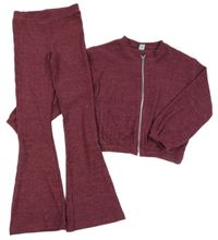 2Set - Vínová melírovaná žebrovaná úpletová bundomikina + flare kalhoty Tu