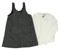 Nové - 2Set - Černo-bílo-modré kostkované úpletové šaty se třpytkami + smetanové žebrované triko PRIMARK