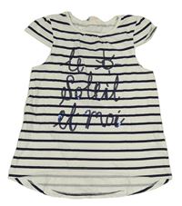 Bílo-tmavomodré pruhované tričko s nápisem z flitrů H&M