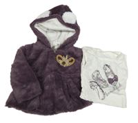 2set - Fialová kožešinová bunda s mašlí a kapucí + bílé tričko s balerínami