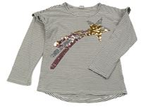 Tmavošedo-bílé pruhované triko s kometou z překlápěcích flitrů Tu