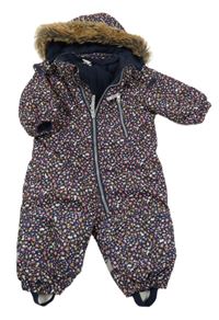 Tmavomodrá květovaná šusťáková zimní kombinéza s králíky a kapucí H&M