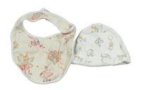 2set - Bílá bavlněná čepice s Púem a přáteli + světlebéžový slinták s králíky