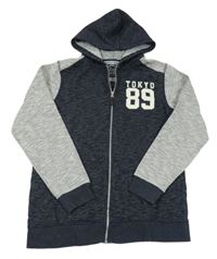 Tmavomodro-šedá melírovaná propínací mikina s číslem a kapucí C&A