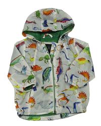 Bílo-zelená šusťáková podzimní bunda s dinosaury a kapucí Next