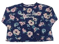 Tmavomodro-růžová květovaná crop mikina s nápisem H&M