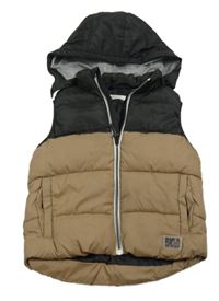 Béžovo-černá šusťáková prošívaná zateplená vesta s kapucí H&M