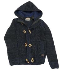 Černo-modrý melírovaný propínací svetr s kapucí 