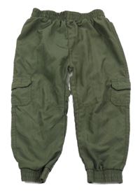 Tmavozelené šusťákové podšité cuff kalhoty s kapsami 