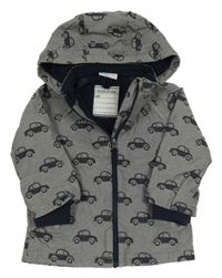 Šedá šusťáková jarní bunda s auty a kapucí Topomini