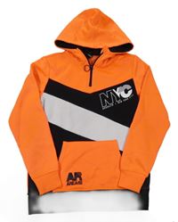 Oranžovo-černo-bílá mikina s nápisem a kapucí Chapter young