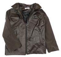 Hnědá koženková jarní bunda se šusťákovými rukávy 