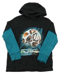 Černo-zelenomodrá mikina s míčem a kapucí F&F