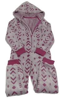 Fialová vzorovaná plyšová kombinéza s kapucí 