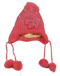 Neonově růžová čepice s kamínky a bambulemi 