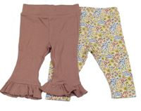 2set - Bílo-barevné květované legíny + růžové žebrované flare legíny 