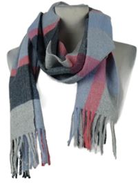 Dámská šedo-modro-růžová kostkovaná šála s třásněmi 