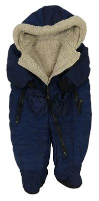 Tmavomodrá šusťáková zimní kombinéza s kapucí+ rukavice Mothercare