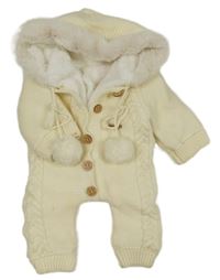 Smetanová pletená zateplená kombinéza s kapucí