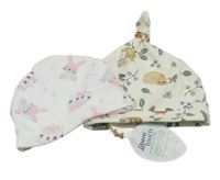 2x bavlněná čepice bílá s králíčky+ smetanová s kytičkami