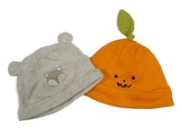 2 x čepice + oranžová s lístečkem + béžová melírovaná s liškou 