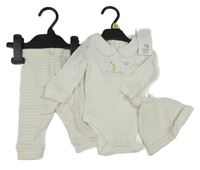 Nové - 3 set - smetanovo-hnědé pruhované tepláky + bílé perforované body s kačenkou + smetanovo-hnědá pruhovaná čepice F&F