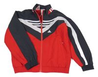 Červeno-tmavošedo-bílá šusťáková sportovní bunda s logem a pruhy Adidas