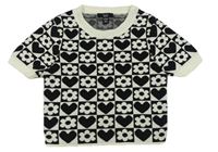 Bílo-černá kostkovaná pletená crop vesta se srdíčky a květy New Look