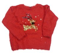 Červený chlupatý svetr se sobem z flitrů Tu