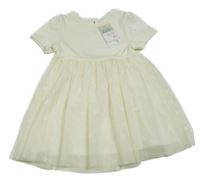 Nové - smetanové žebrované šaty s tylem s květy PRIMARK