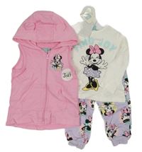 Nové - 3Set - Růžová tepláková vesta s Minnie a kapucí + bílé triko + lila tepláky Disney