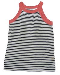 Bílo-tmavomodrý pruhovaný žebrovaný crop top s korálovým lemem Nutmeg