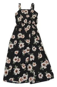 Černý květovaný lehký culottes overal s volánem New Look