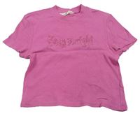 Růžové žebrované crop tričko s nápisem z kamínků H&M