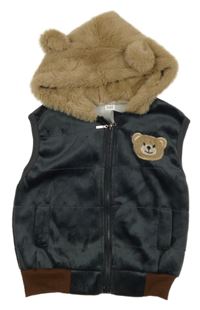 Šedo-béžová plyšová vesta s medvídkem a kapucí 