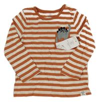 Nové - Oranžovo-bílé pruhované triko s dinosaurem a kapsou F&F