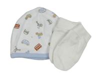 2Set - Bílo/světlemodrá čepice auty a autobusy a koly little nutmeg + bílé rukavice 