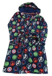 Tmavomodro-safírový melírovaný plyšový župan se znaky Avenger a kapucí Tu