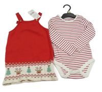Nové - 2Set - Červeno-bílé úpletové šaty se soby a stromečky a vzorem + červeno/bílé pruhované body F&F