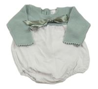 Bílo-světlemodrošedé vzorované bavlněno/svetrové body s mašlí