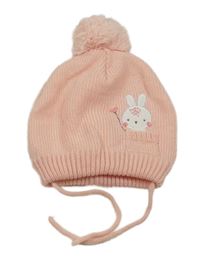 Broskvová pletená zavazovací čepice se zajíčkem a kapsičkou a bambulí C&A